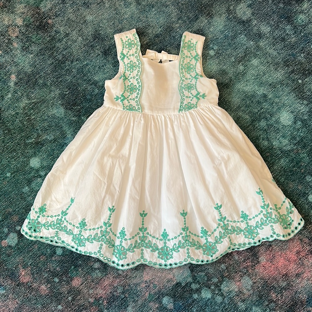 Janie and Jack white summer dress with aqua/green eyelet detail